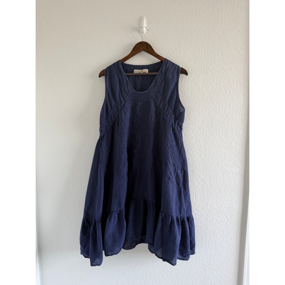 JP and Mattie Boho Pintuck Dress Size M Navy Blue Ruffle Hem Flowy Summer